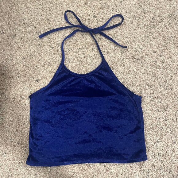OMighty Blue Velvet Cropped Halter Top - Picture 1 of 4